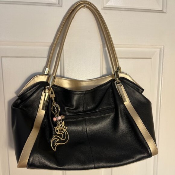 FOXER Amy Women Genuine Leather Handbag with Logo | Black Gold Purse Excellent C - Picture 1 of 5